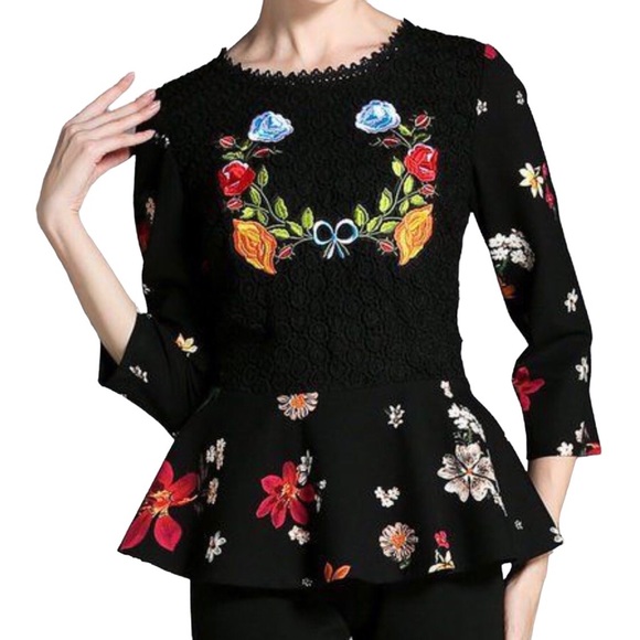STYLEWE Aofuli Black Floral Crochet Eyelet Peplum Hem 3/4 Sleeve Top Size 14 NEW - Picture 1 of 11